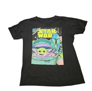 Used, Mens Madelorian Themed Star Wars Black Tee with Colorful Graphic, Has Flaw